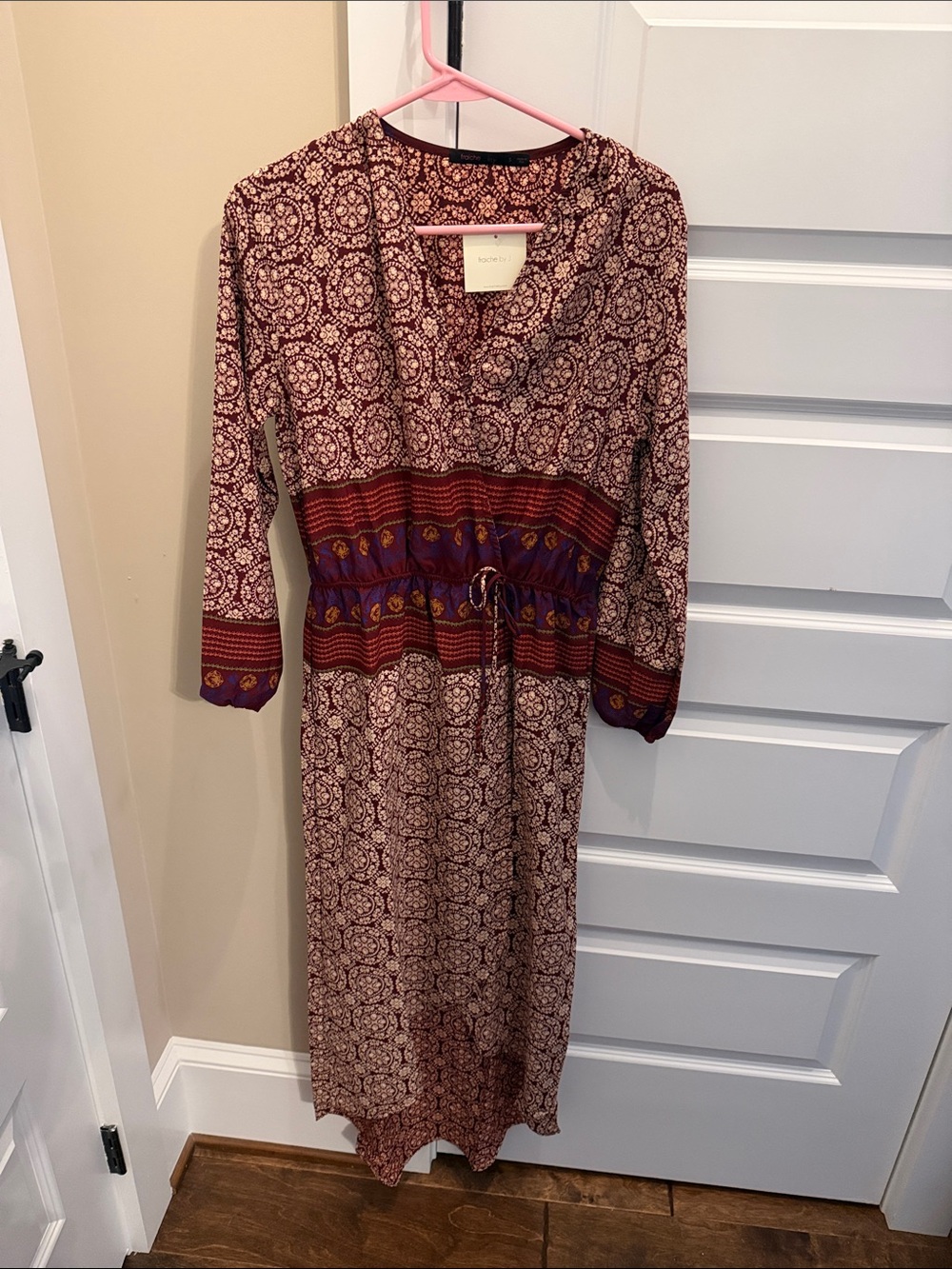 Boho Burgundy & Purple Patterned Maxi Dress with Tie Waist